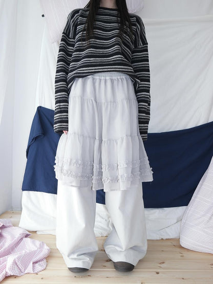ang project Korean Style Ruffled Layered Look Straight Leg Elastic Waist Women&