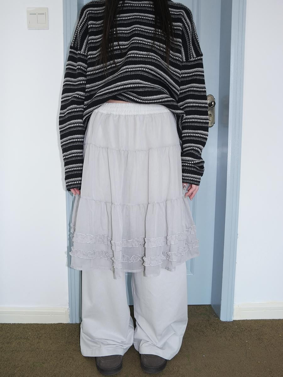 ang project Korean Style Ruffled Layered Look Straight Leg Elastic Waist Women&