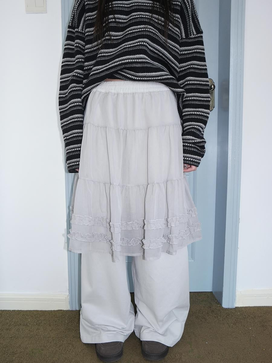 ang project Korean Style Ruffled Layered Look Straight Leg Elastic Waist Women&