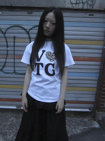 Updateang project Korean Style Summer Leopard Print Heart Letter Print T Shirt