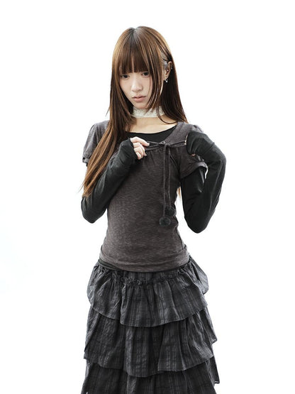 ang project Korean Tie Spliced Striped Layered Colorblock Women&