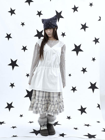 ang project Korean V-neck Lace Up Waist Cinching Ruffle Spliced Sleeveless Women&