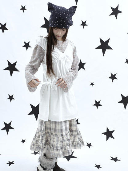 ang project Korean V-neck Lace Up Waist Cinching Ruffle Spliced Sleeveless Women&