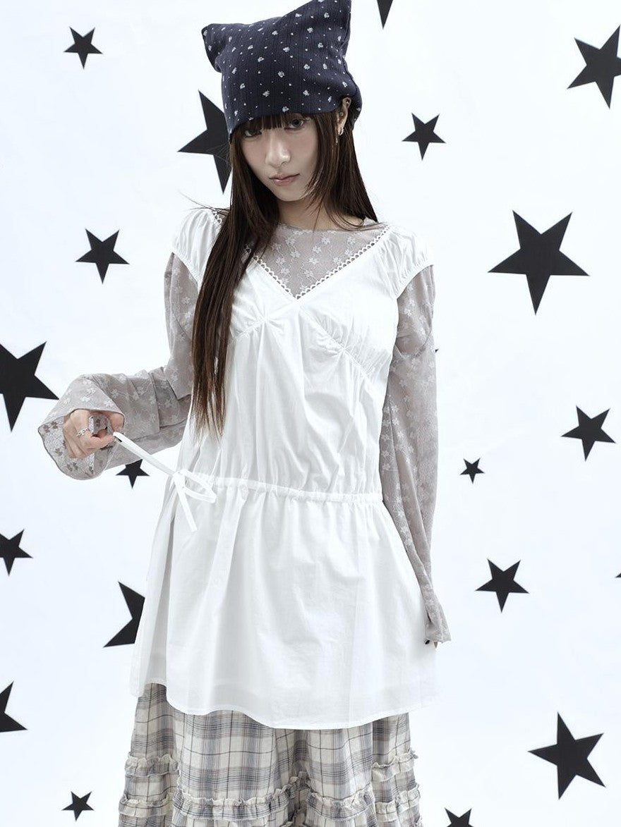 ang project Korean V-neck Lace Up Waist Cinching Ruffle Spliced Sleeveless Women&