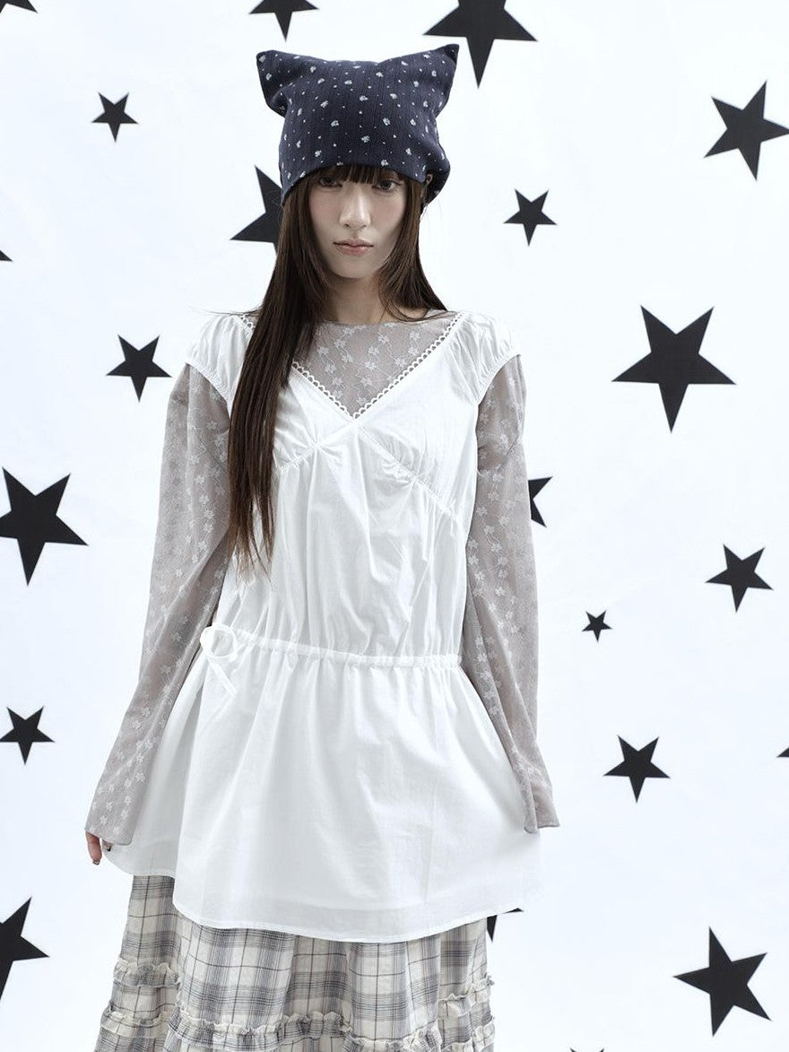 ang project Korean V-neck Lace Up Waist Cinching Ruffle Spliced Sleeveless Women&