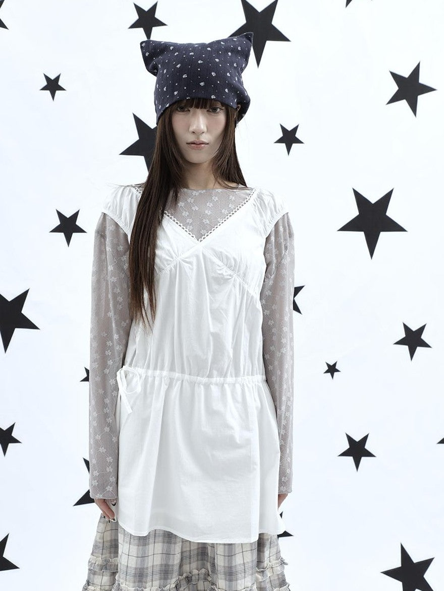 ang project Korean V-neck Lace Up Waist Cinching Ruffle Spliced Sleeveless Women&