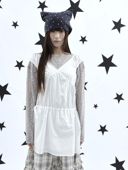 ang project Korean V-neck Lace Up Waist Cinching Ruffle Spliced Sleeveless Women&