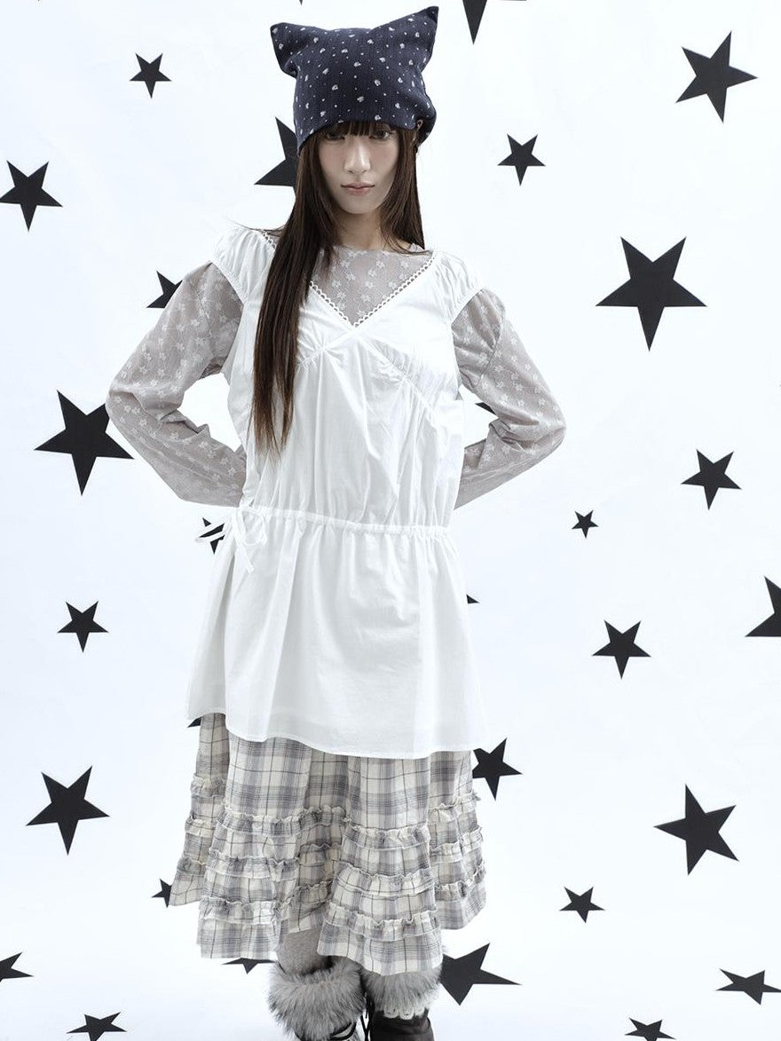 ang project Korean V-neck Lace Up Waist Cinching Ruffle Spliced Sleeveless Women&