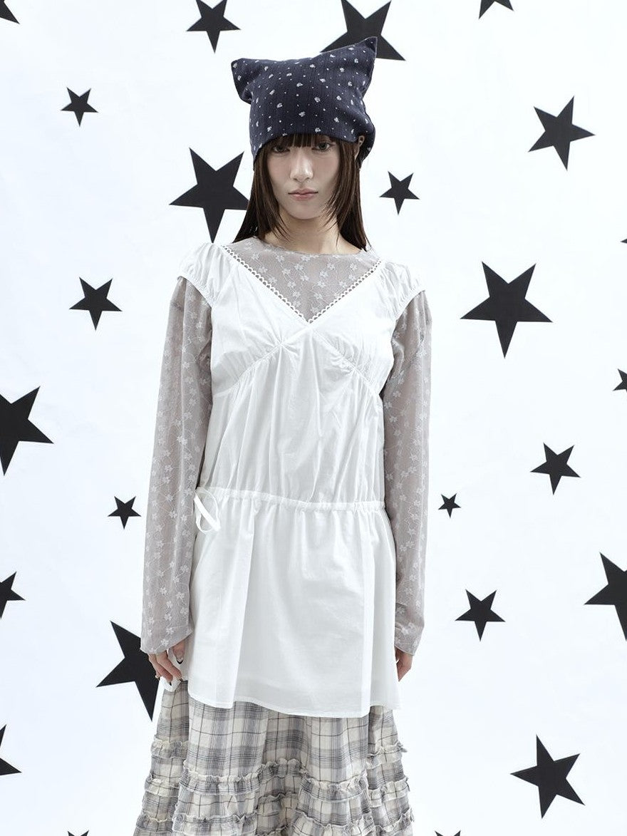 ang project Korean V-neck Lace Up Waist Cinching Ruffle Spliced Sleeveless Women&