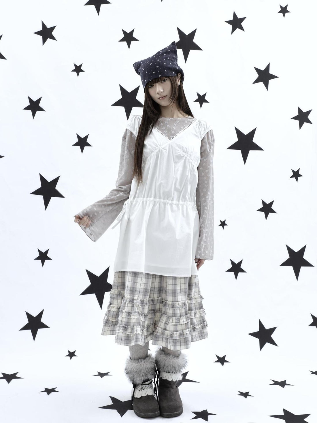 ang project Korean V-neck Lace Up Waist Cinching Ruffle Spliced Sleeveless Women&
