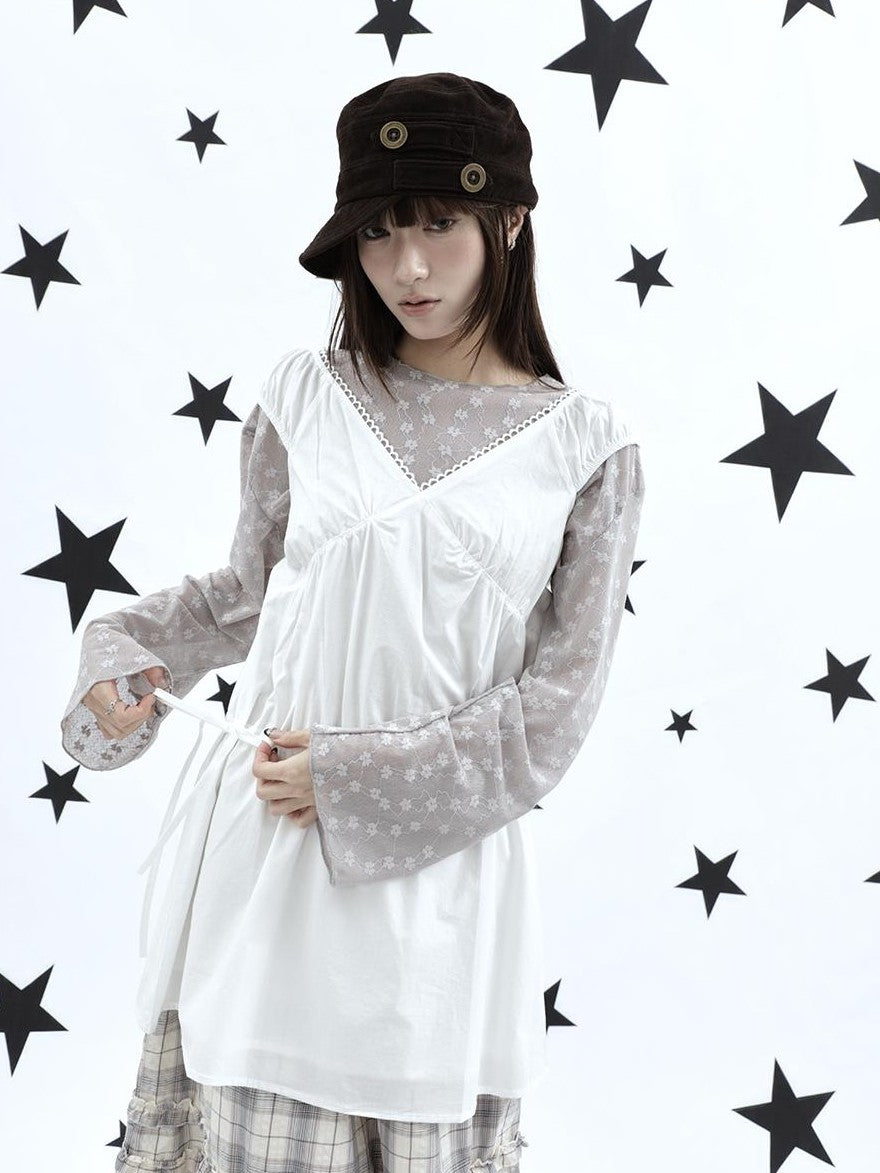ang project Korean V-neck Lace Up Waist Cinching Ruffle Spliced Sleeveless Women&