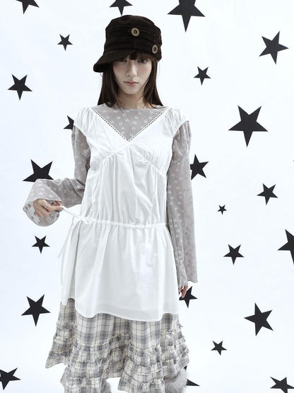 ang project Korean V-neck Lace Up Waist Cinching Ruffle Spliced Sleeveless Women&