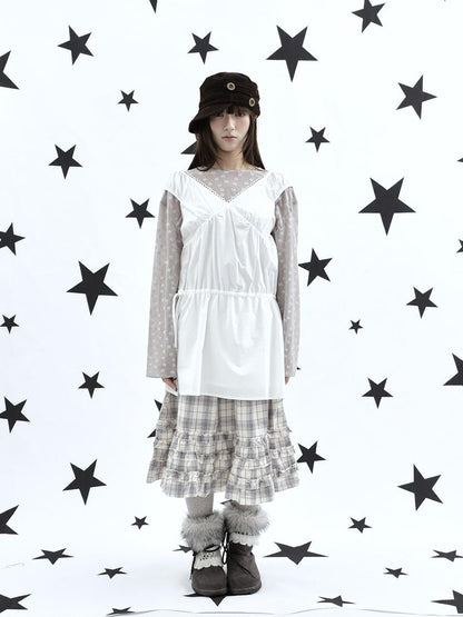 ang project Korean V-neck Lace Up Waist Cinching Ruffle Spliced Sleeveless Women&