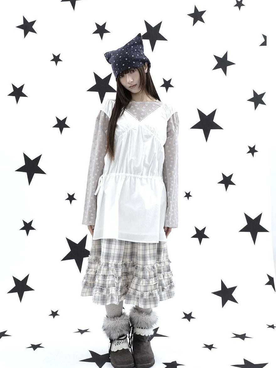 ang project Korean V-neck Lace Up Waist Cinching Ruffle Spliced Sleeveless Women&