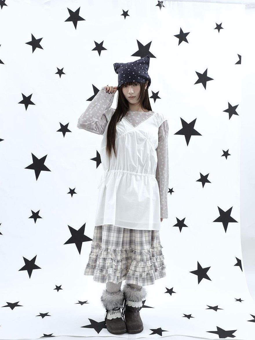 ang project Korean V-neck Lace Up Waist Cinching Ruffle Spliced Sleeveless Women&