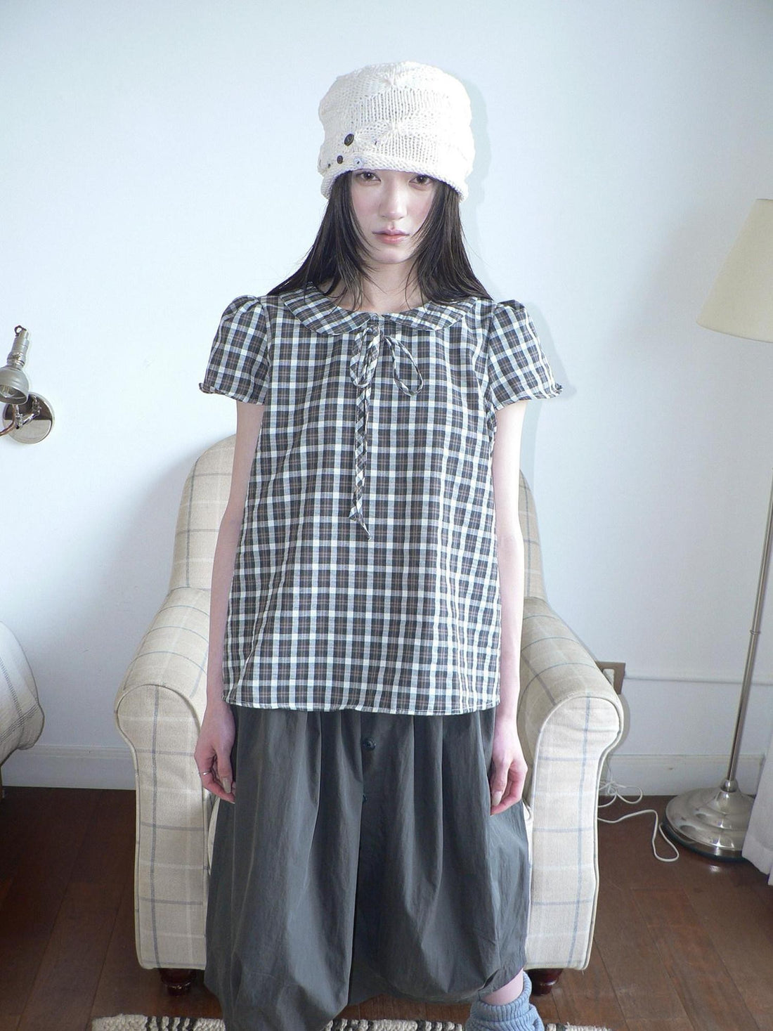 ang project Korean Vintage Brown Plaid Doll Collar Tie Puff Sleeve Women&