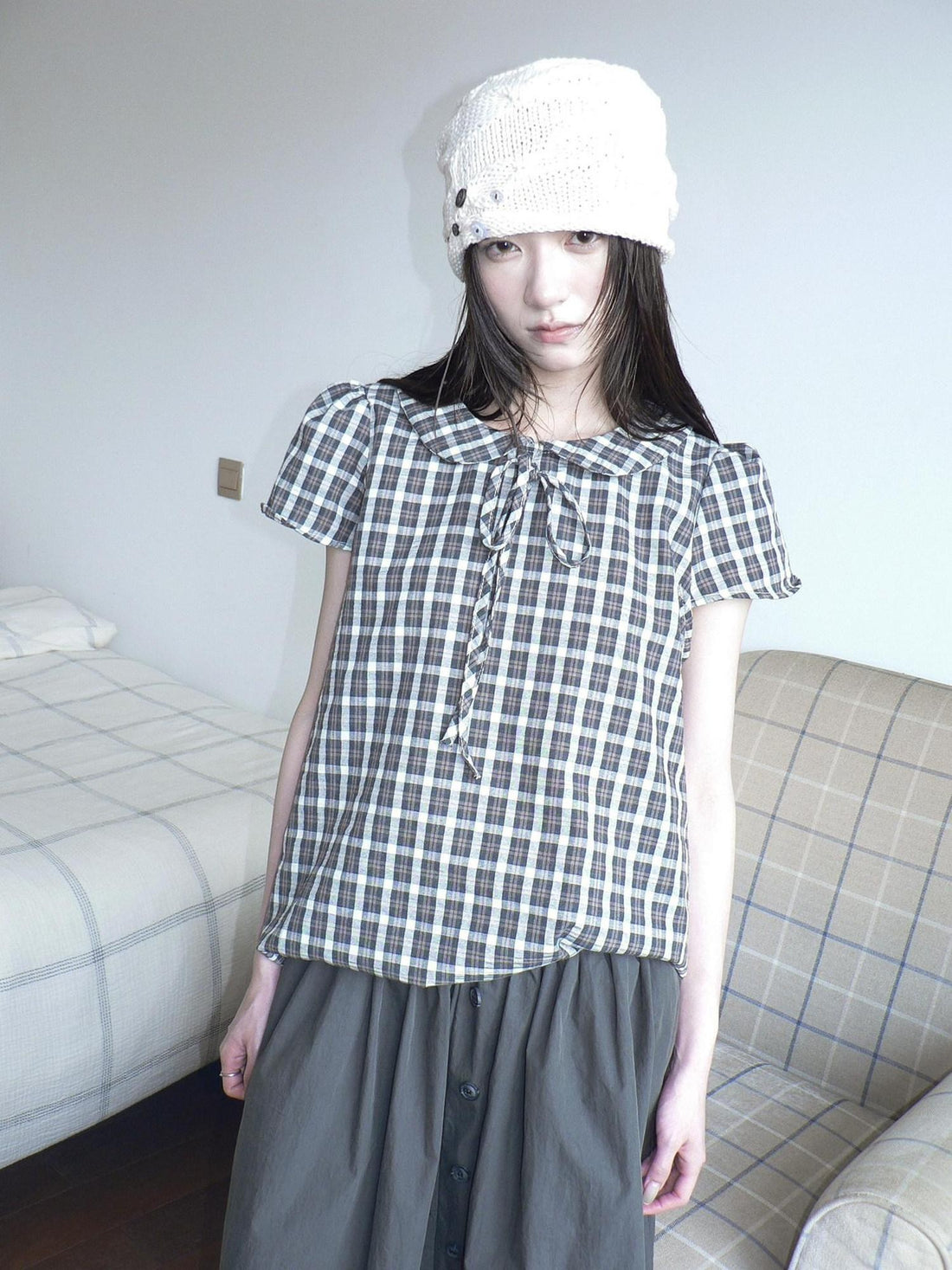ang project Korean Vintage Brown Plaid Doll Collar Tie Puff Sleeve Women&