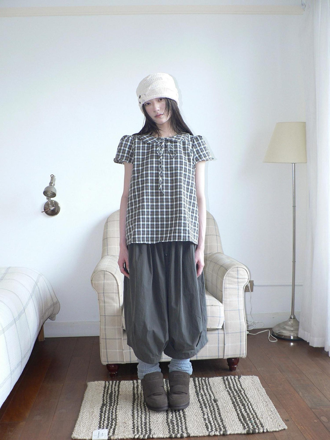 ang project Korean Vintage Brown Plaid Doll Collar Tie Puff Sleeve Women&