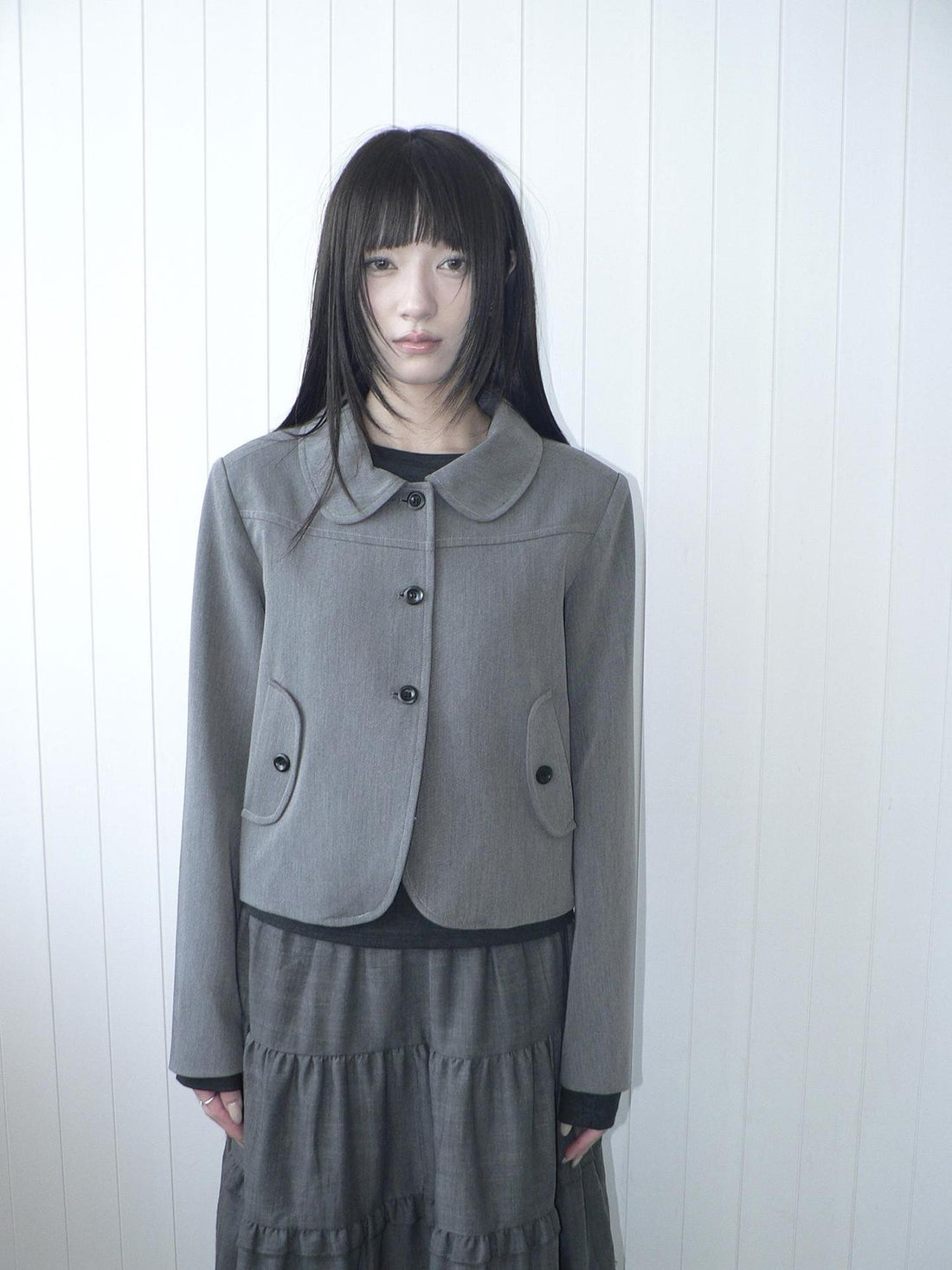 ang project Korean Vintage Button Lapel Straight Fit Long Sleeve Women&
