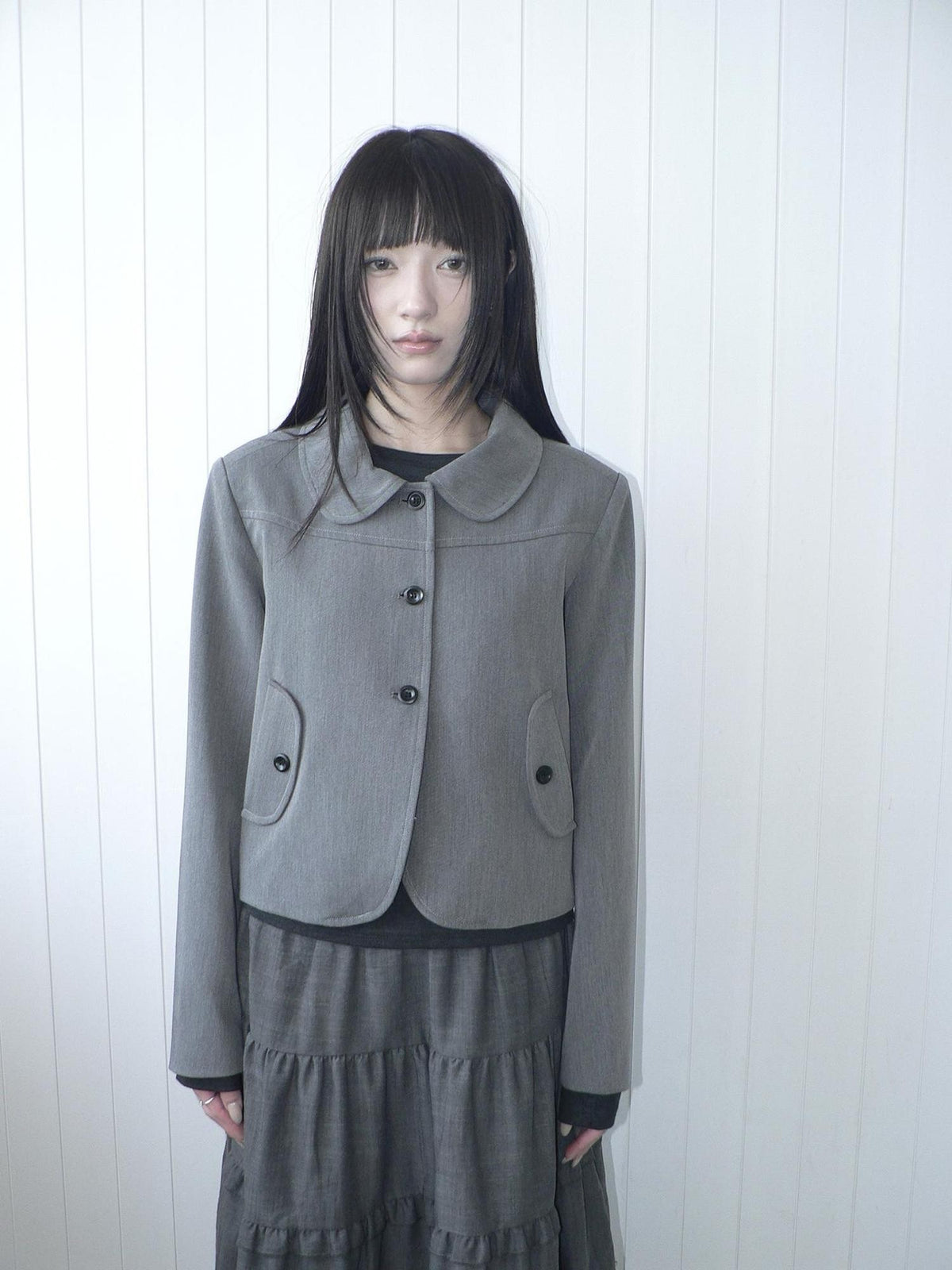 ang project Korean Vintage Button Lapel Straight Fit Long Sleeve Women&