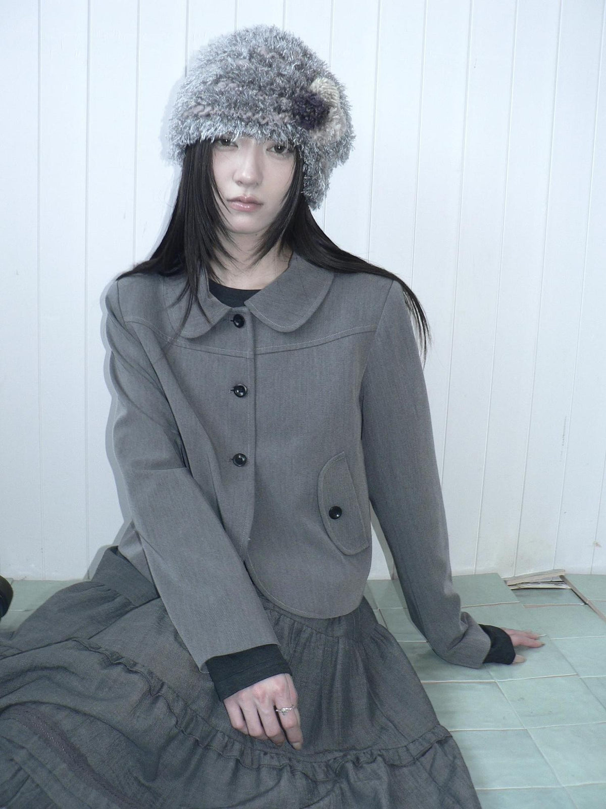 ang project Korean Vintage Button Lapel Straight Fit Long Sleeve Women&