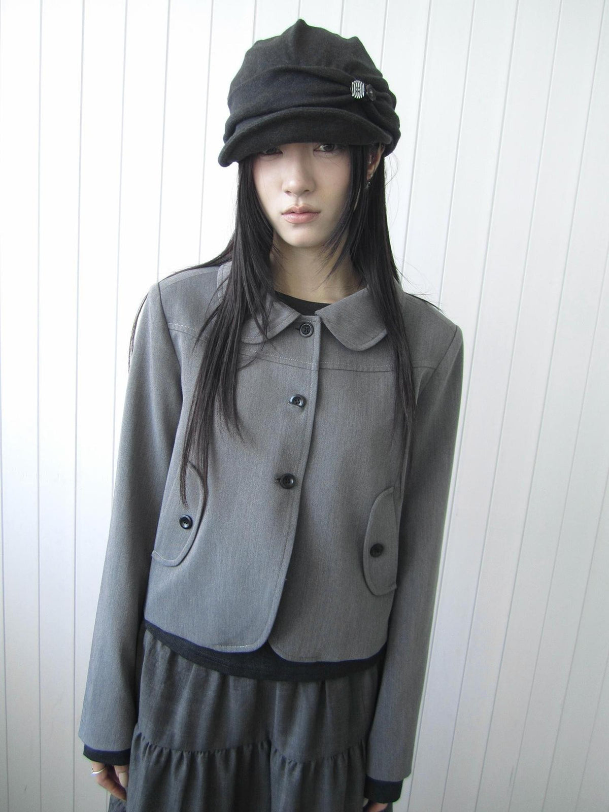 ang project Korean Vintage Button Lapel Straight Fit Long Sleeve Women&