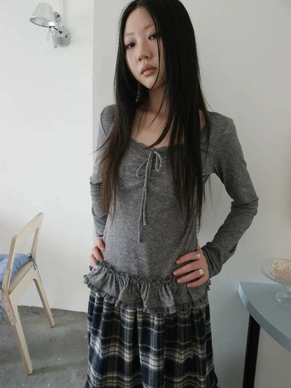 ang project Lace Bow Tie Ruffle Sleeve Tee T-shirt