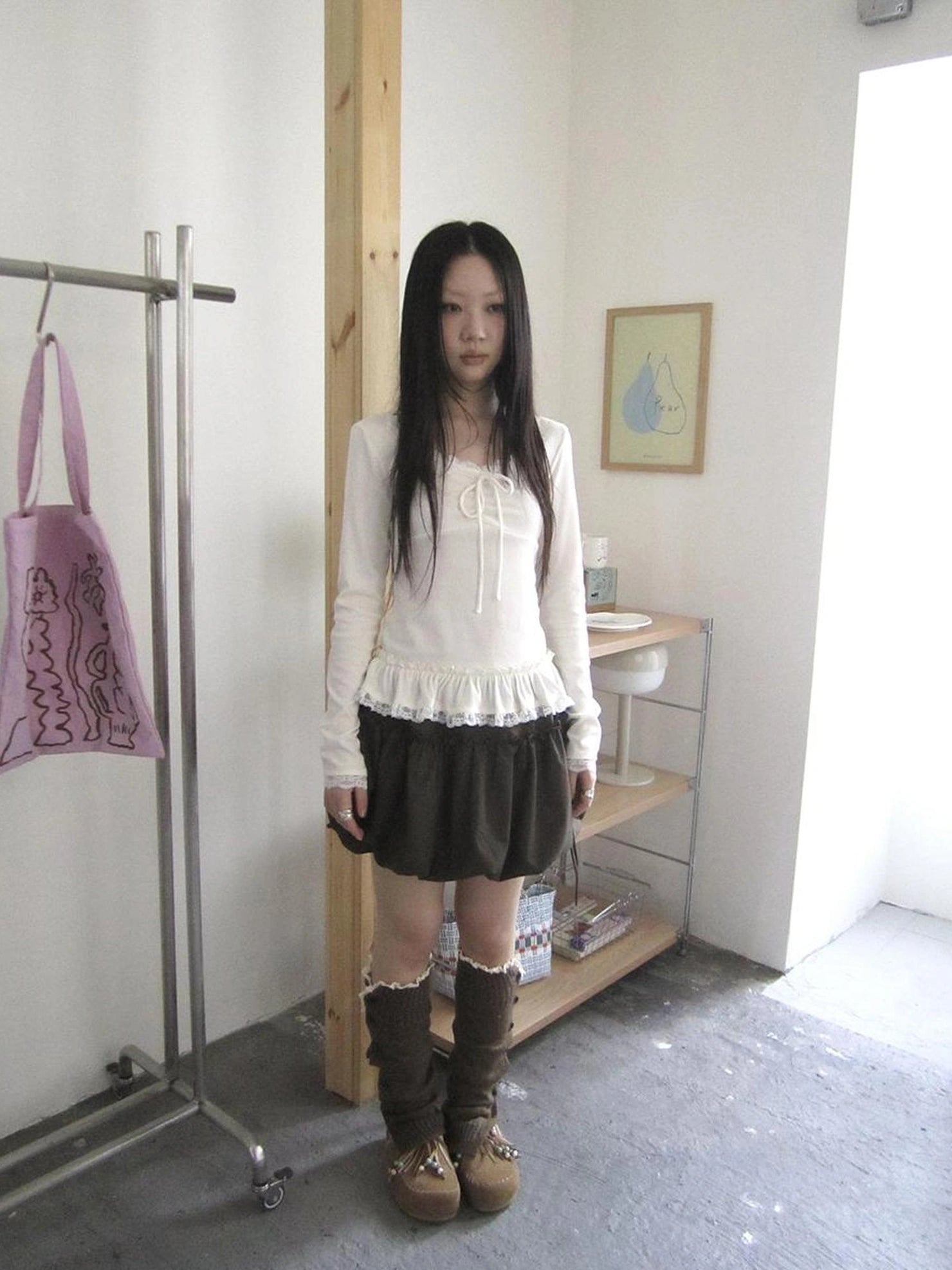 ang project Lace Bow Tie Ruffle Sleeve Tee T-shirt