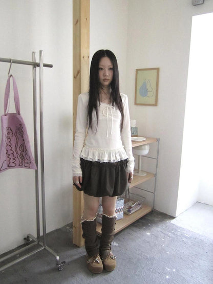 ang project Lace Bow Tie Ruffle Sleeve Tee T-shirt