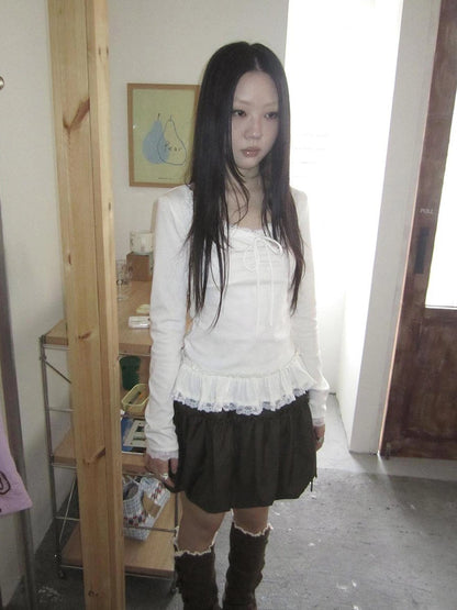 ang project Lace Bow Tie Ruffle Sleeve Tee T-shirt