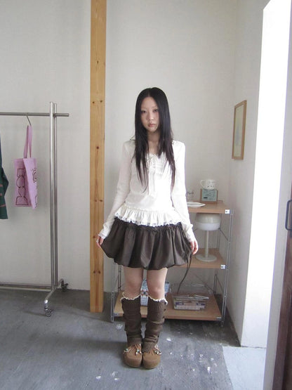 ang project Lace Bow Tie Ruffle Sleeve Tee T-shirt