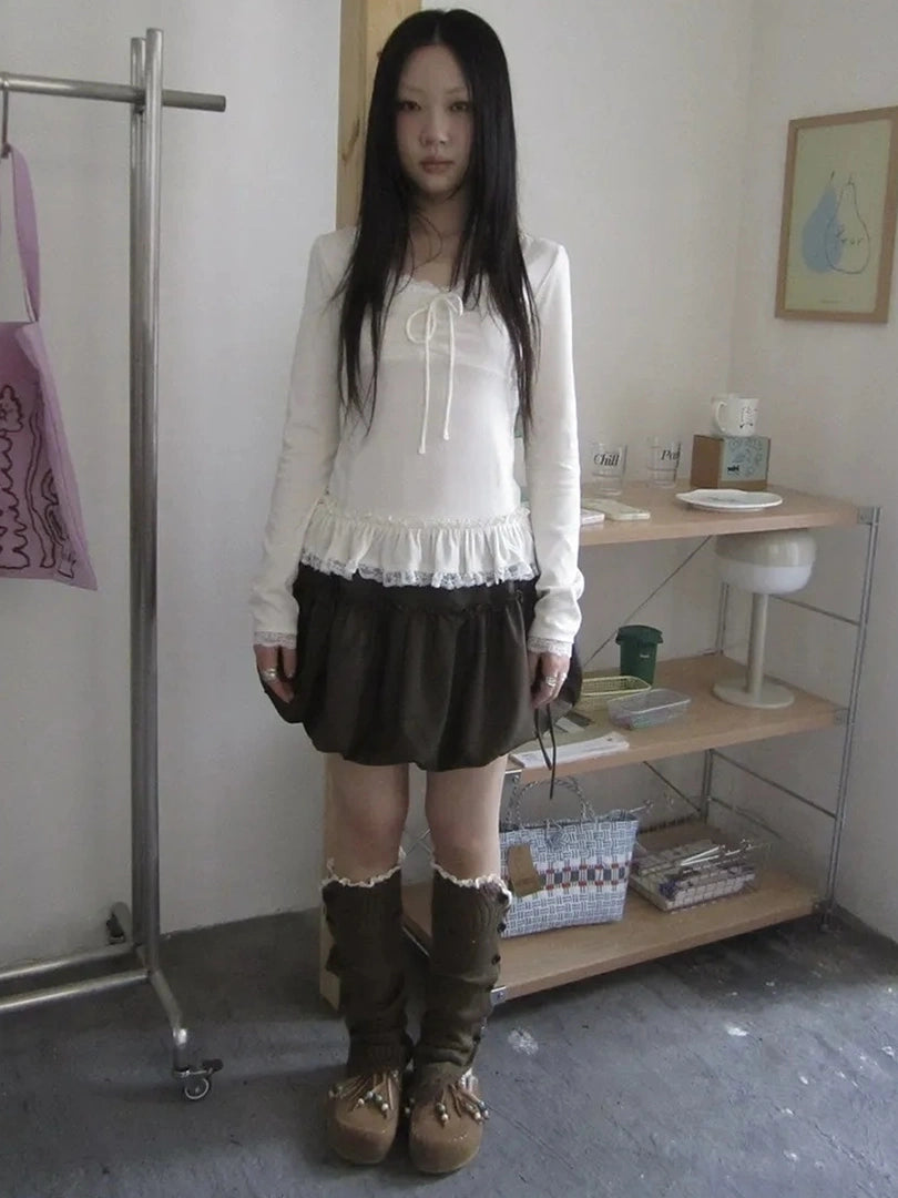 ang project Lace Bow Tie Ruffle Sleeve Tee T-shirt