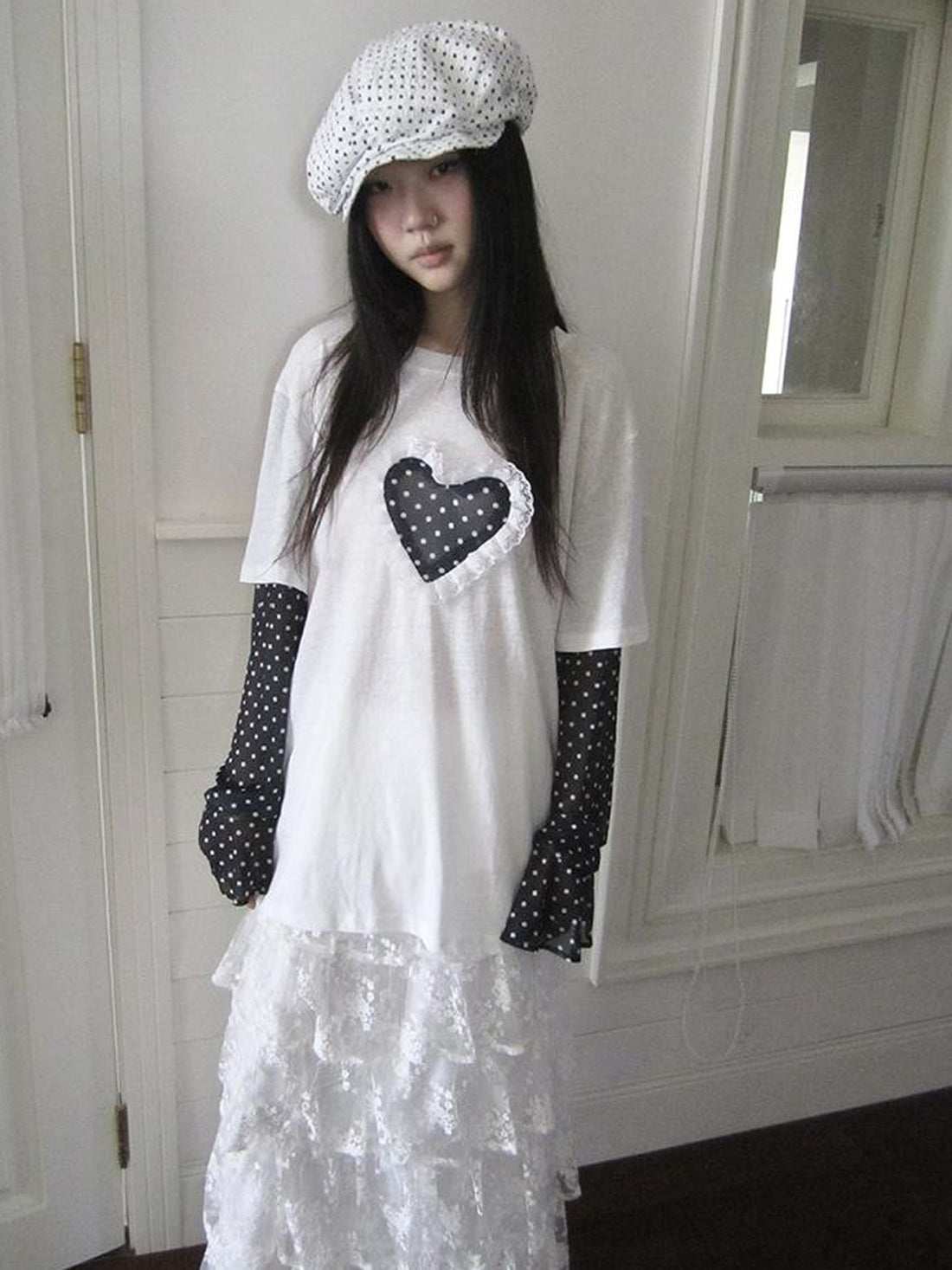 Updateang project Lace Dot Mesh Layered Loose Fit Long Sleeve Tee