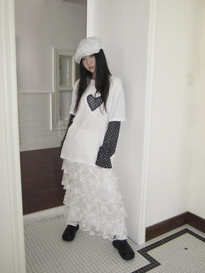 Updateang project Lace Dot Mesh Layered Loose Fit Long Sleeve Tee