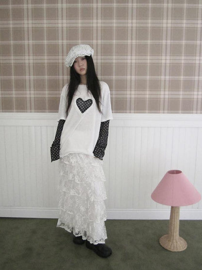 Updateang project Lace Dot Mesh Layered Loose Fit Long Sleeve Tee