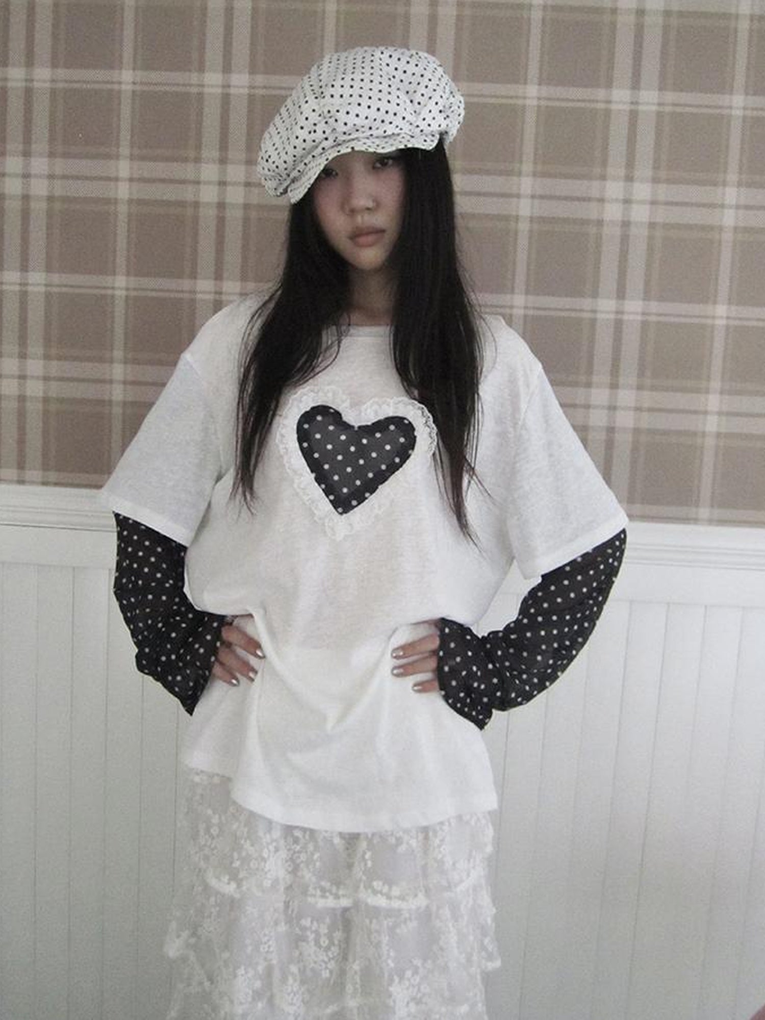 Updateang project Lace Dot Mesh Layered Loose Fit Long Sleeve Tee