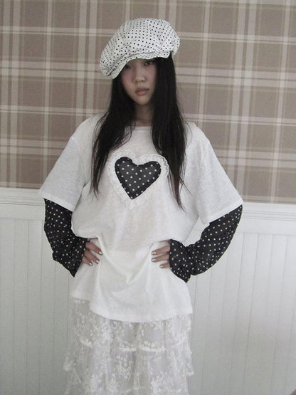 Updateang project Lace Dot Mesh Layered Loose Fit Long Sleeve Tee