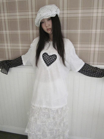 Updateang project Lace Dot Mesh Layered Loose Fit Long Sleeve Tee