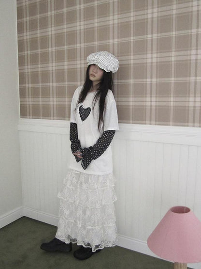 Updateang project Lace Dot Mesh Layered Loose Fit Long Sleeve Tee