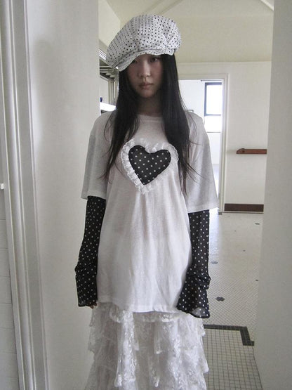 Updateang project Lace Dot Mesh Layered Loose Fit Long Sleeve Tee