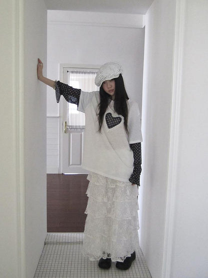 Updateang project Lace Dot Mesh Layered Loose Fit Long Sleeve Tee