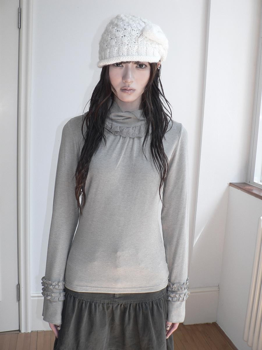 ang project Lace Panel Ruffle Trim High Neck Women&