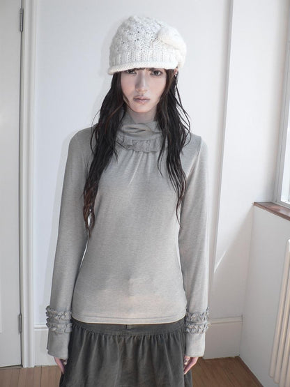 ang project Lace Panel Ruffle Trim High Neck Women&