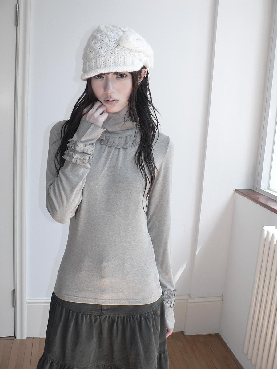ang project Lace Panel Ruffle Trim High Neck Women&