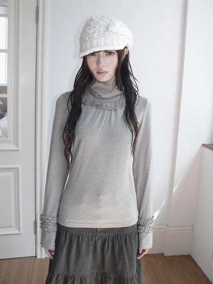 ang project Lace Panel Ruffle Trim High Neck Women&