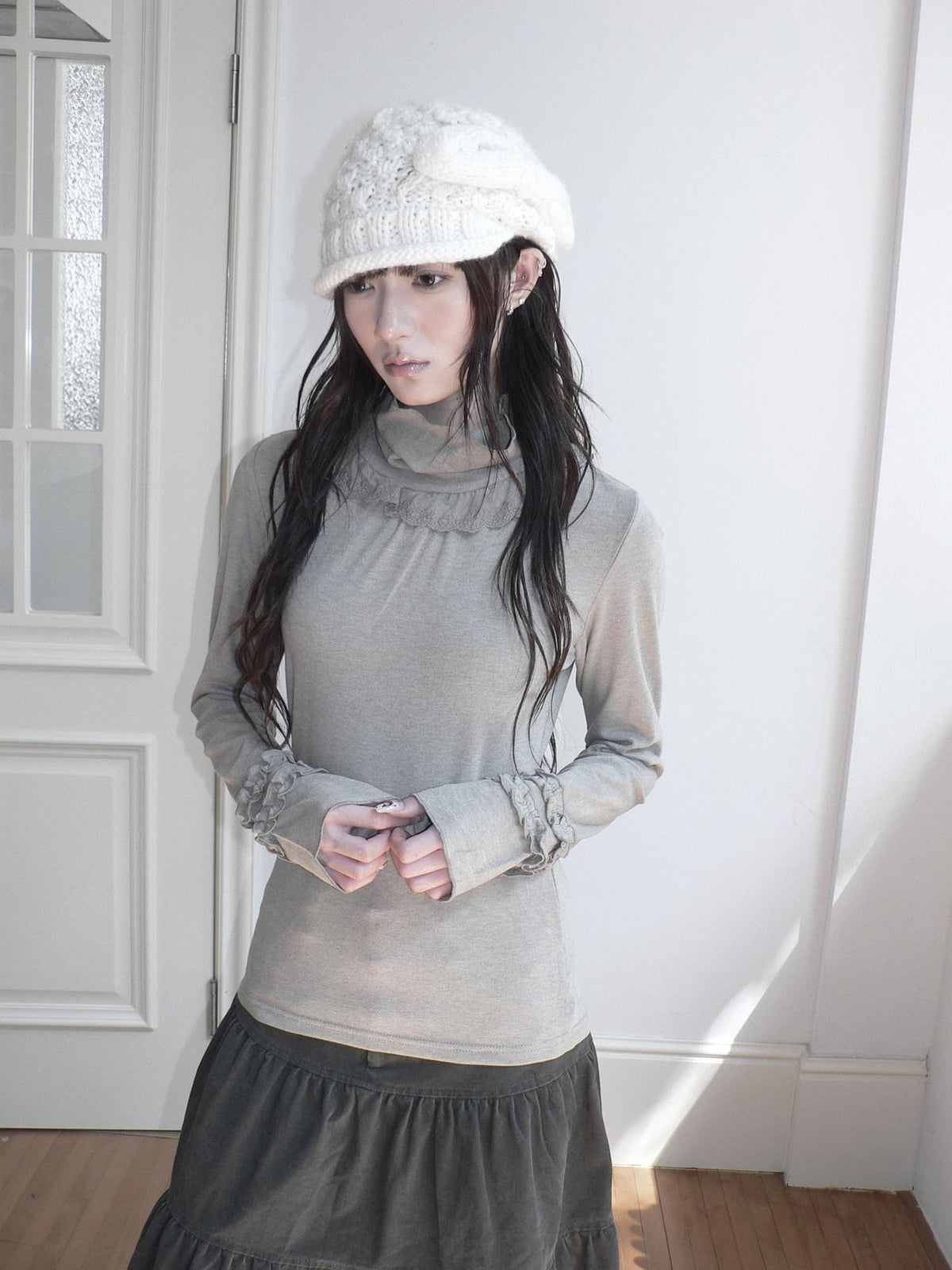 ang project Lace Panel Ruffle Trim High Neck Women&