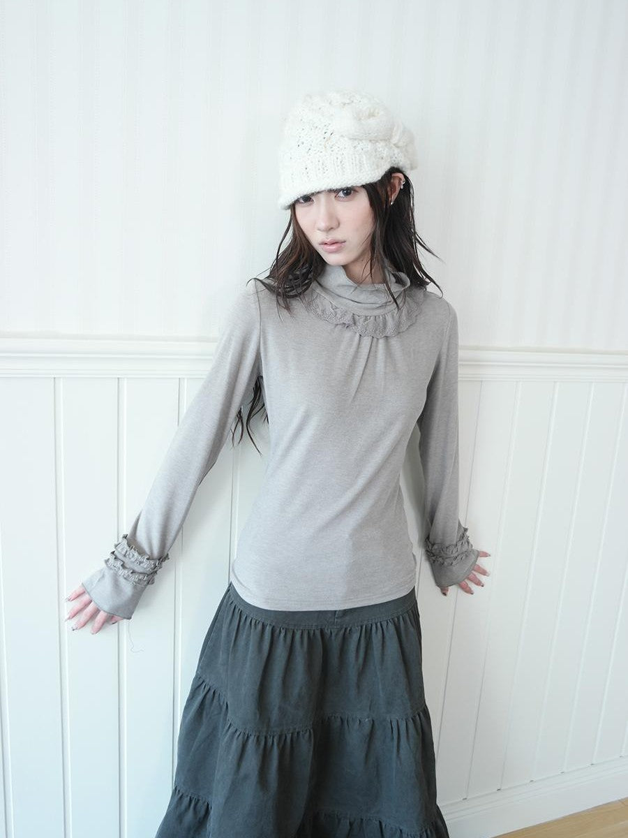 ang project Lace Panel Ruffle Trim High Neck Women&