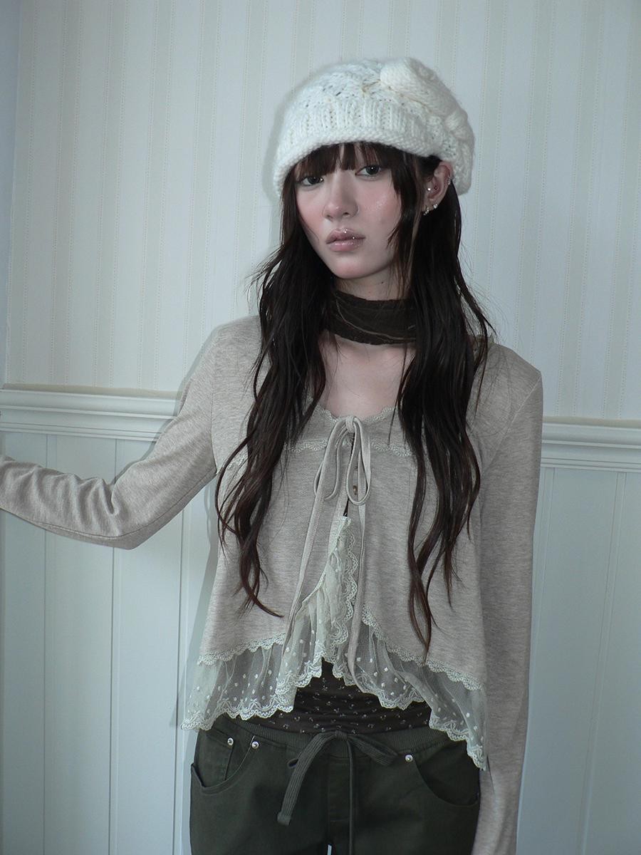 ang project Lace Panel Tie Front Floral Cami Long Sleeve Two Piece Women&