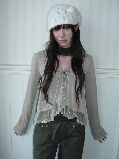 ang project Lace Panel Tie Front Floral Cami Long Sleeve Two Piece Women&