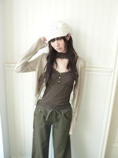 ang project Lace Panel Tie Front Floral Cami Long Sleeve Two Piece Women&